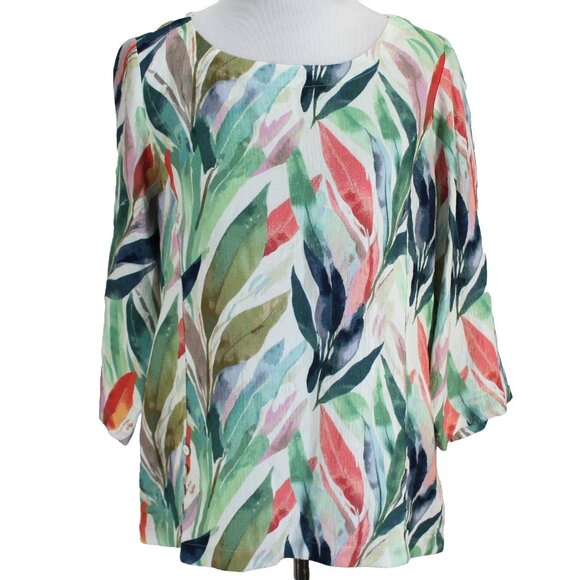 Soft Surroundings Oceo Gauze Tunic Top Size M Watercolor Leaf Print 3/4 Sleeve - Picture 1 of 7